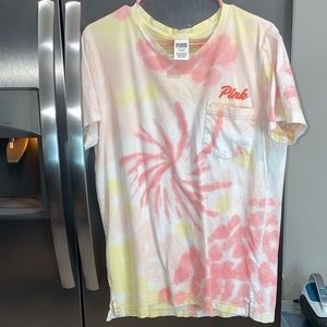 Victoria’s Secret PINK campus crew, pink/yellow tie dye with embroidered logo